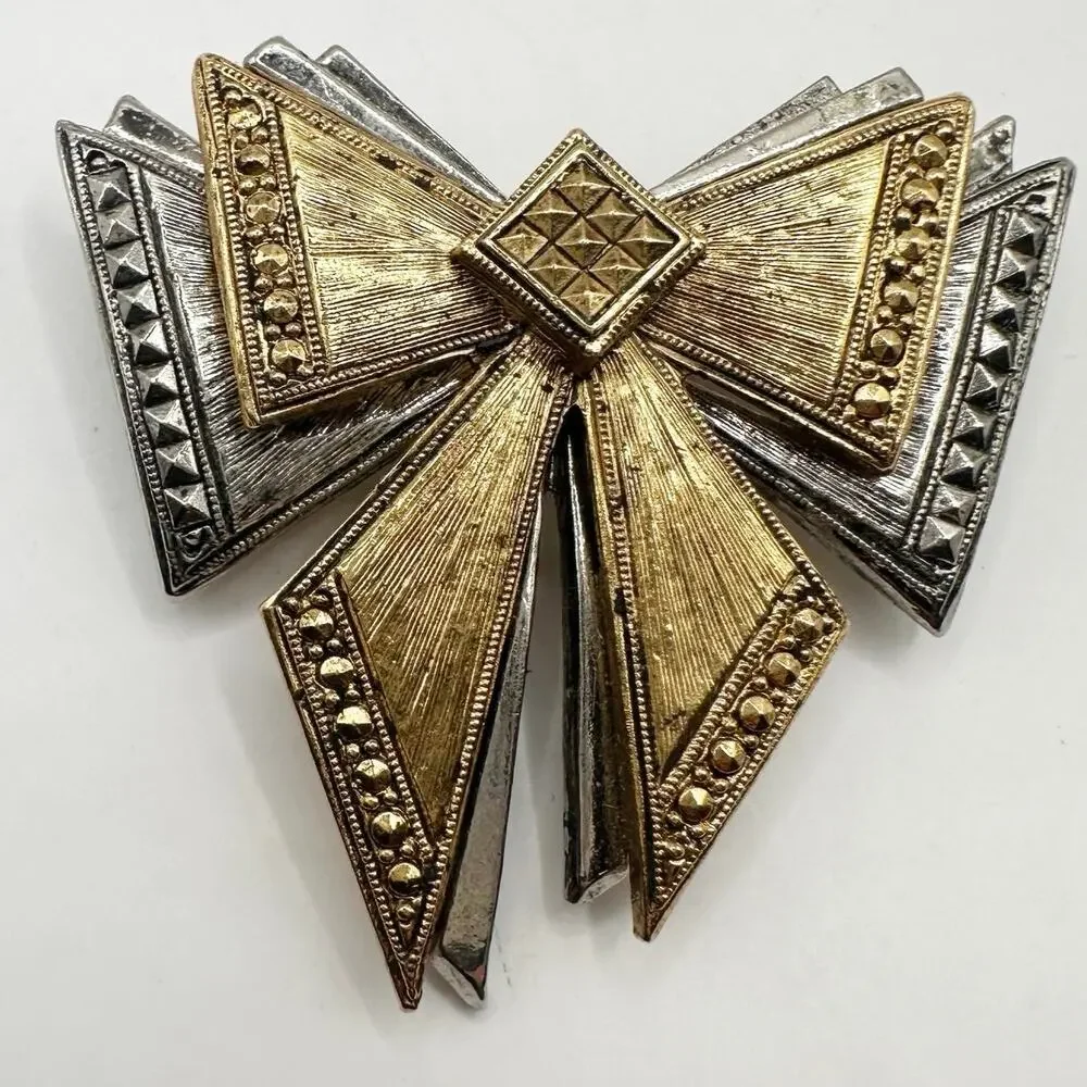 Avon Vintage Bow Pin 1995 Stylepoints Silver Goldtone Art Deco Holiday Brooch